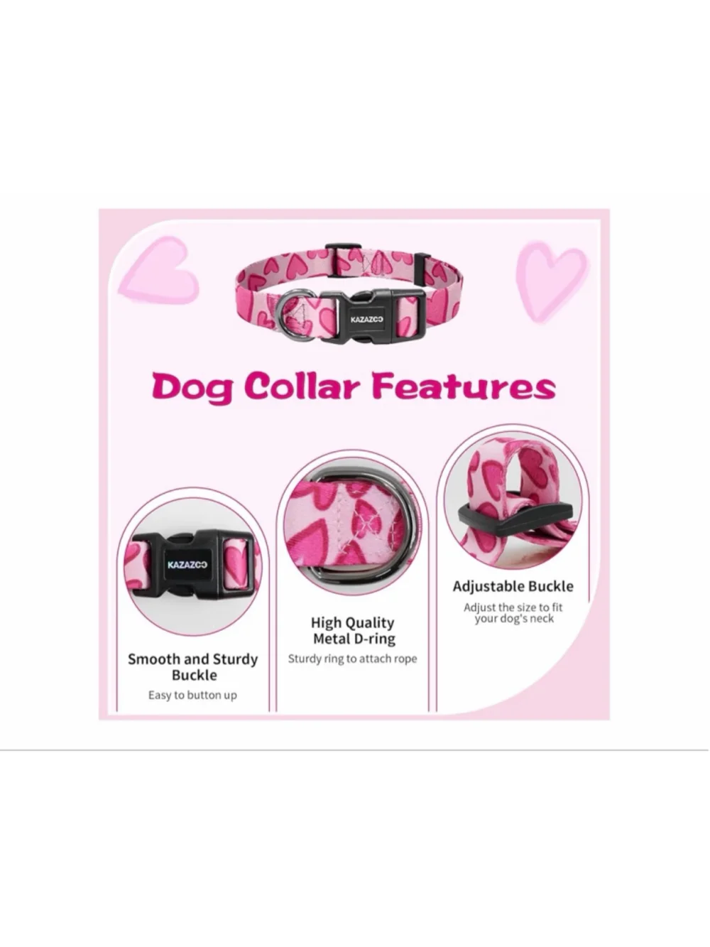 NEW Pink Heart Print Dog Collar Adjustable XS
